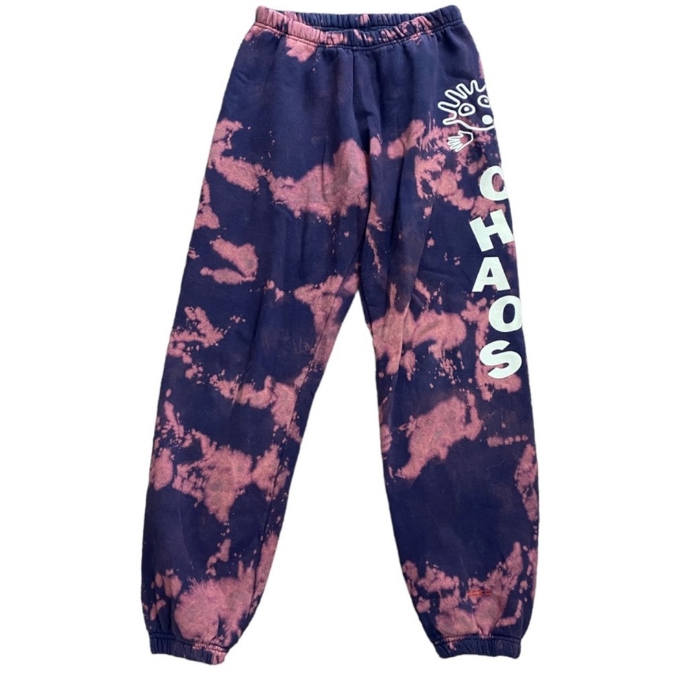 PEACE LOVE WORLD CHAOS upcycled Bleach TIE DYE OOAK Sweat Pants sz SMALL